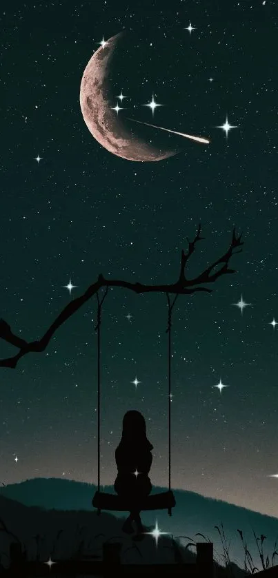 Silhouette on a swing under a crescent moon and starry sky with a shooting star.