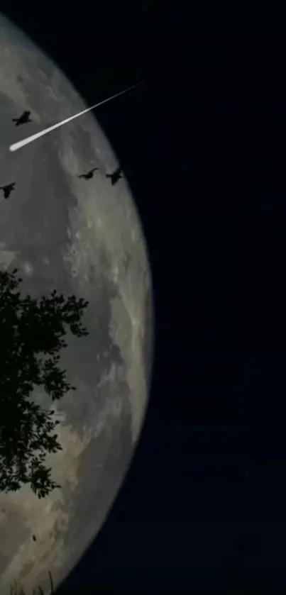 Birds fly across a large moon at night, surrounded by dark sky and silhouetted trees.