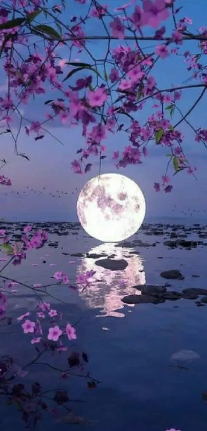 Moonlit scene with blossoms reflecting on tranquil waters.