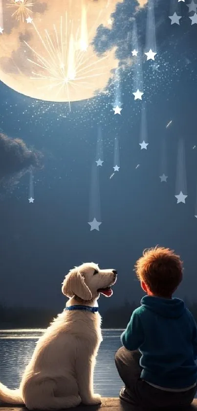 Child and dog sitting by a lake under a bright moonlit sky.