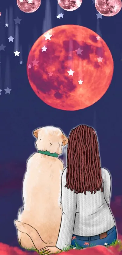 Illustration of a woman and dog under a full moon with starry night sky.