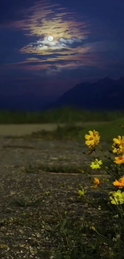 Moonlit night with vibrant wildflowers and a clear sky.