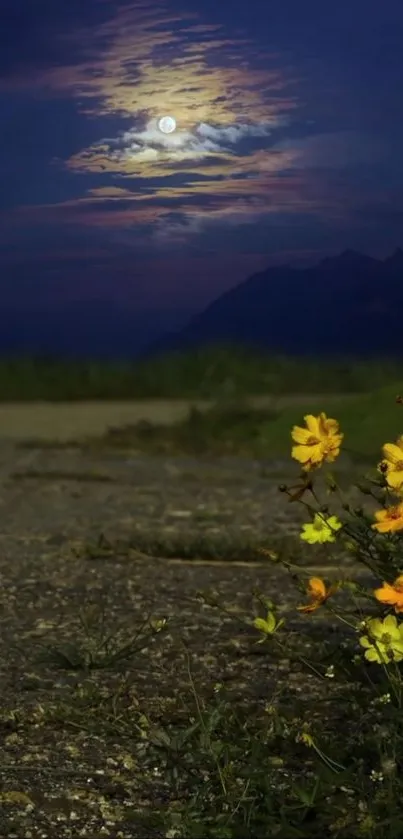 A moonlit night with vibrant wildflowers and a serene landscape.