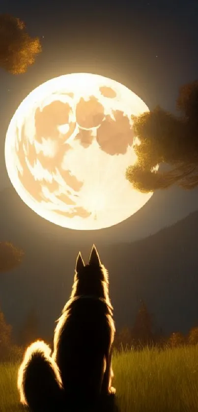 A wolf sits in a forest under the full moon glowing brightly.