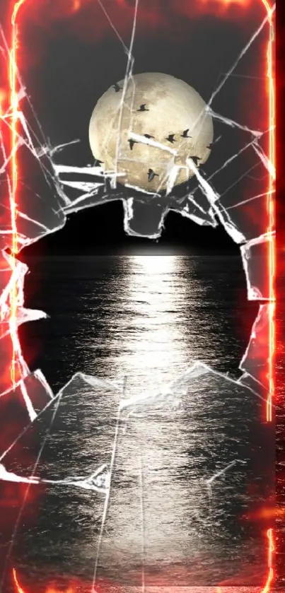 Moonlit ocean seen through broken glass on mobile wallpaper.