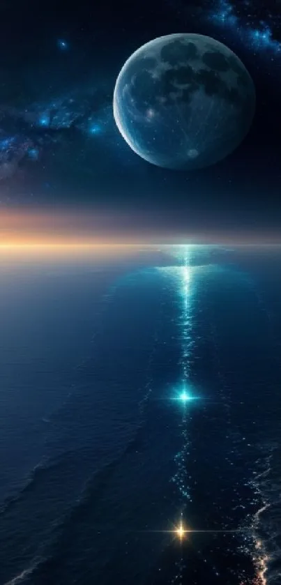 Moonlit ocean with cosmic sky and shimmering waves at night.