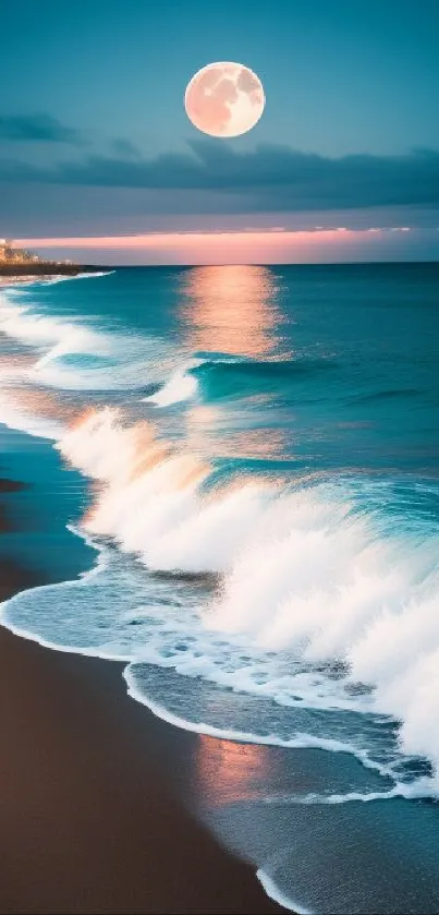 Moonlit waves crashing on a serene beach under a full moon.