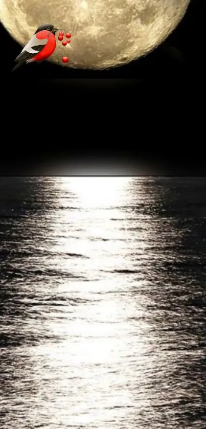 Moonlit ocean with bird silhouette and bright reflection at night.