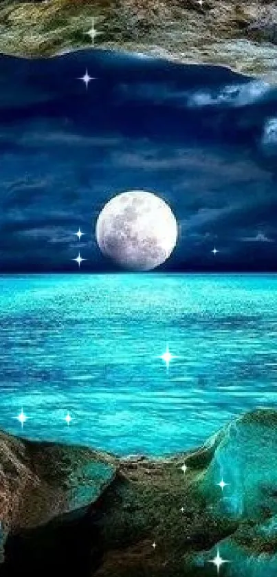 Moonlit ocean cave view with turquoise waters and full moon.