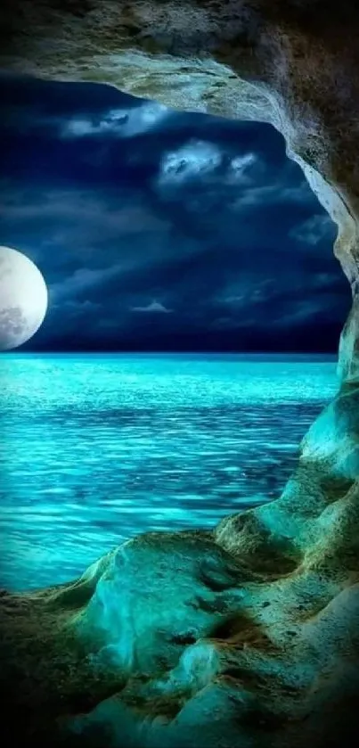 Moonlit ocean view through cave with teal water.