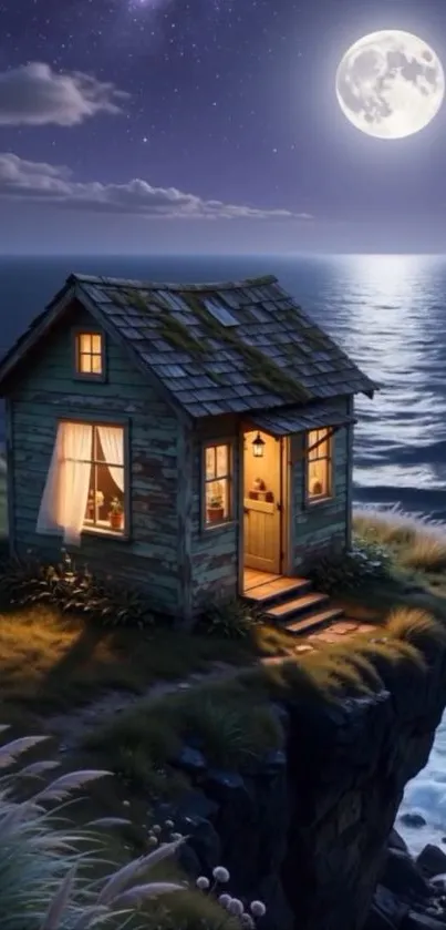 Moonlit ocean cottage on cliff.