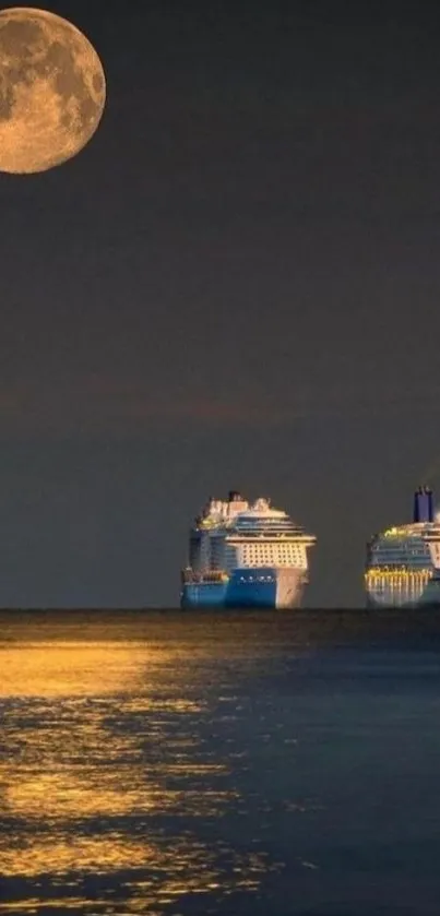 Moonlit ocean with two cruise ships sailing at night.