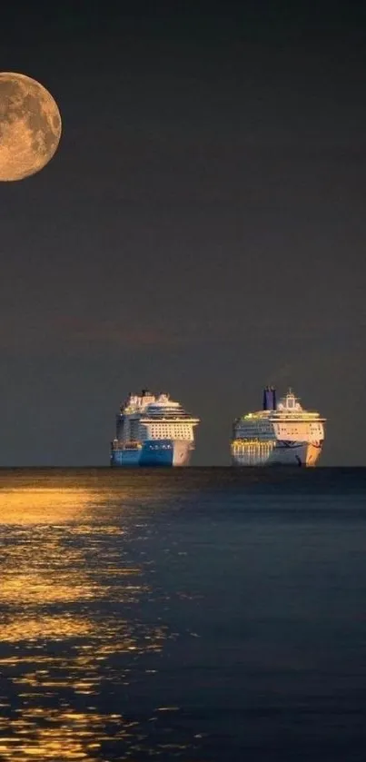 Cruise ships by moonlight on tranquil ocean.