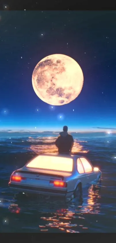 Car under full moon on tranquil ocean night.