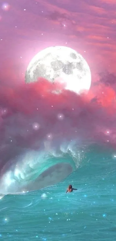 Surfer under a full moon in a pink sky with turquoise ocean waves.