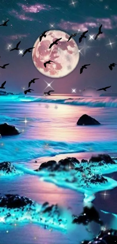 Moonlit ocean with glowing waves and birds flying across the sky.