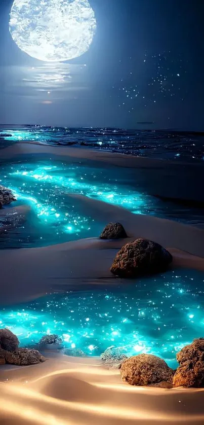 Moonlit ocean with glowing waves and a peaceful night sky.