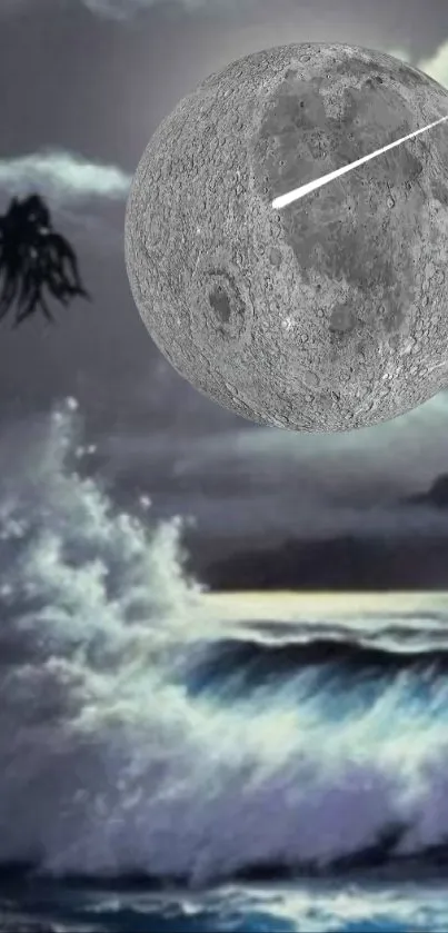 Moonlit ocean waves with a large, mystical moon casting a serene glow.