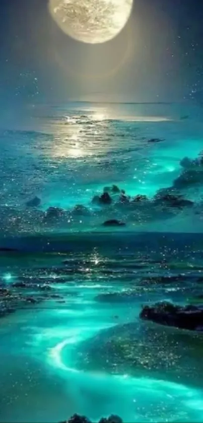 Moonlit ocean with glowing turquoise waters and starry night sky.