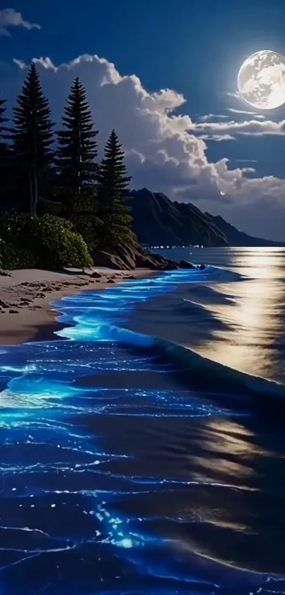 Moonlit beach with glowing waves under a night sky.
