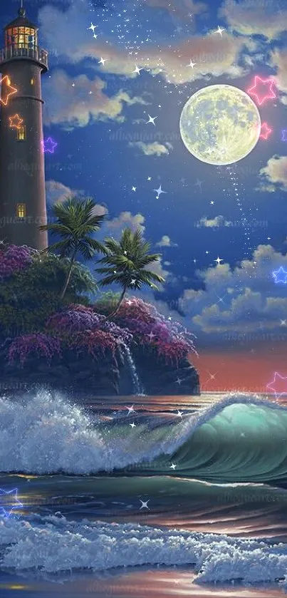 Moonlit ocean scene with lighthouse and waves under a starry sky.