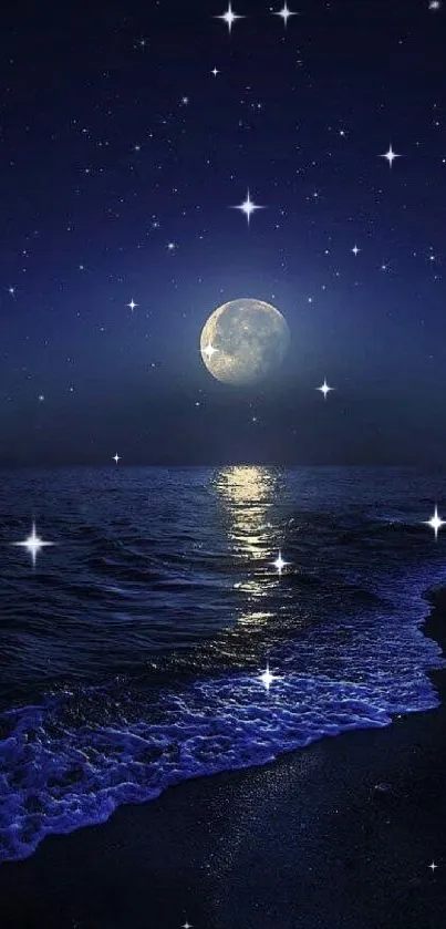 Serene moonlit ocean under a starry night sky wallpaper.