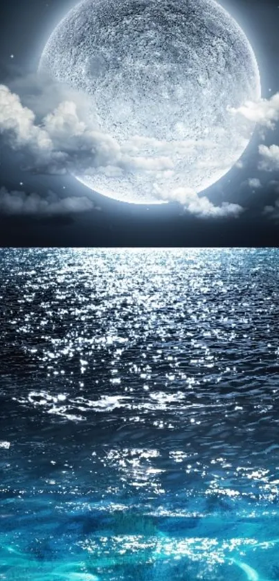 Moonlit ocean view with full moon and night sky.