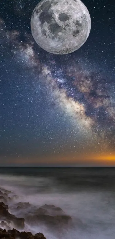 Moonlit ocean with starry night sky and glowing moon in the background.