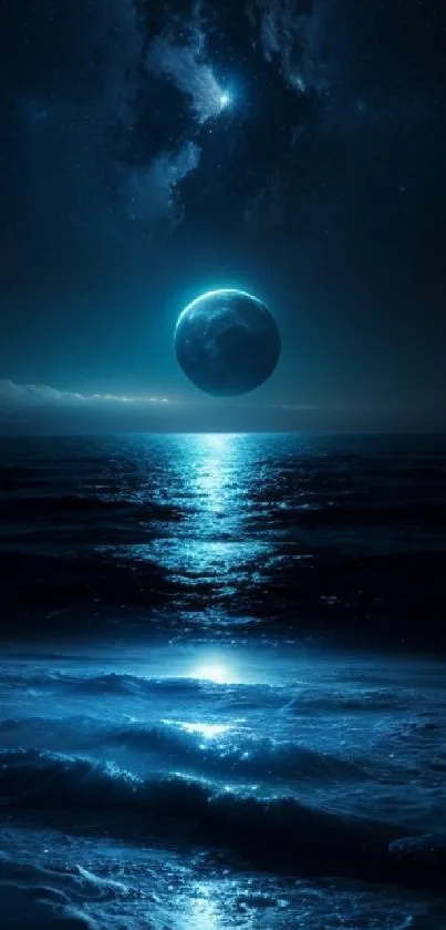 Moonlit ocean reflecting under a starry sky night.