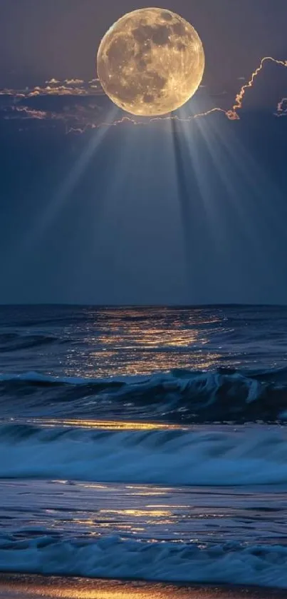 Peaceful moonlit ocean with glowing waves and dark night sky.