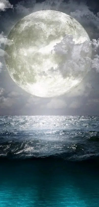 Moonlit ocean at night with full moon glow.