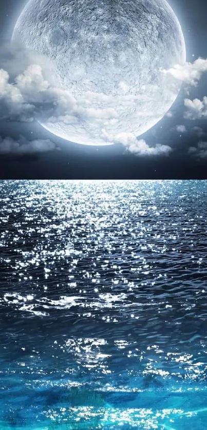 Moonlit ocean with a glowing full moon at night.