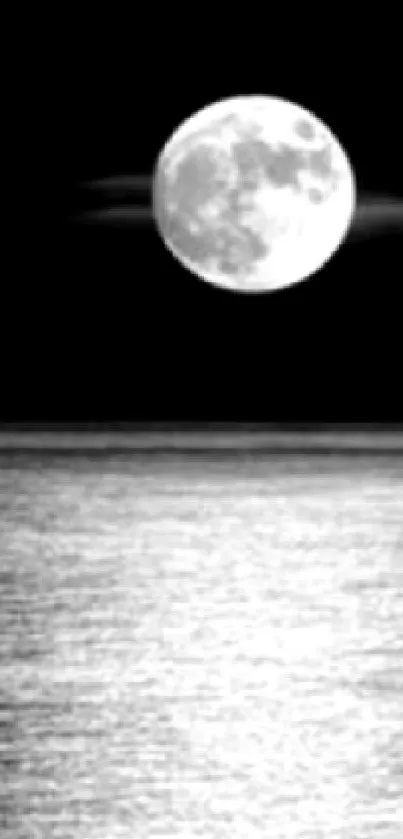 Moonlit night with full moon reflecting over calm ocean.