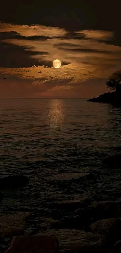 Moonlit ocean with serene night sky background.