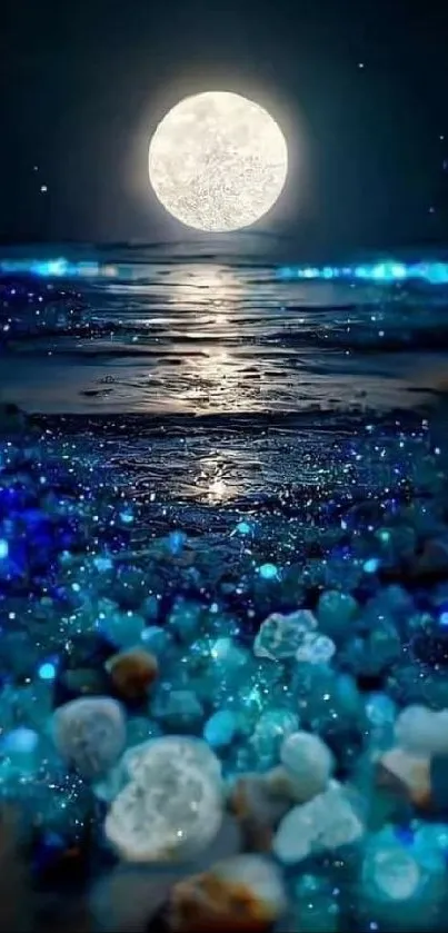 Moonlit ocean scene with glowing blue shoreline under a full moon.