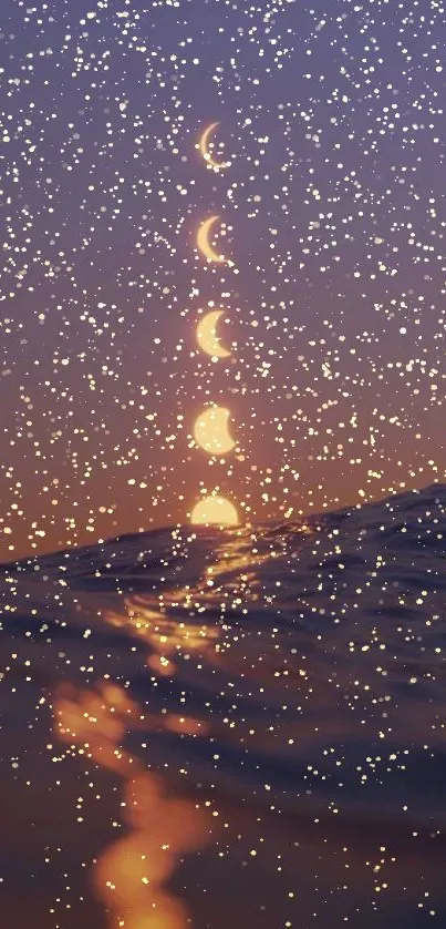 Mobile wallpaper of ocean waves with moon phases at sunset.