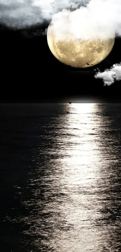 Serene ocean under a full moon, reflecting light on calm waters.