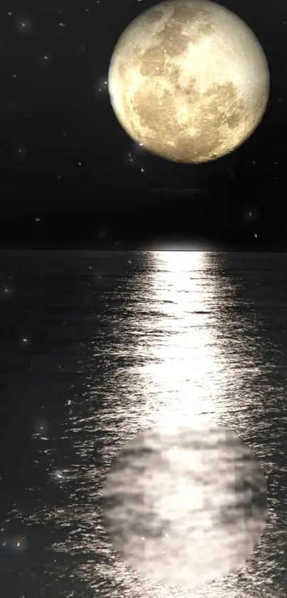 Moon reflecting on a calm ocean under a starry night sky.