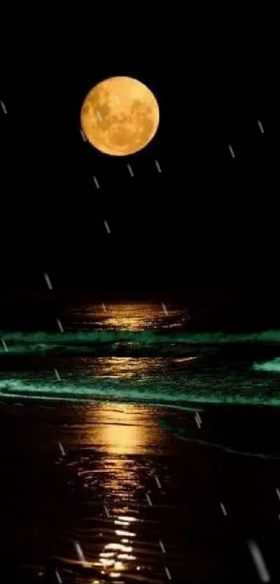 Full moon illuminating ocean waves at night.