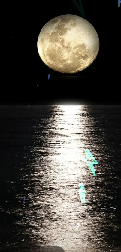 Moonlit ocean with reflection casting a serene light on calm waters, tranquil night scene.