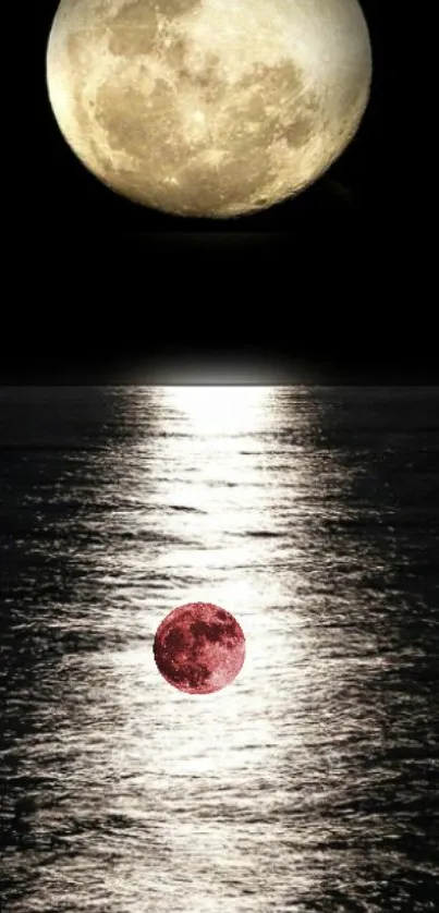 Moonlight reflecting on ocean with a red moon below.