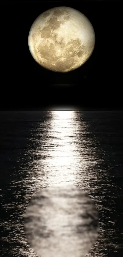 Full moon reflecting over a calm ocean at night.