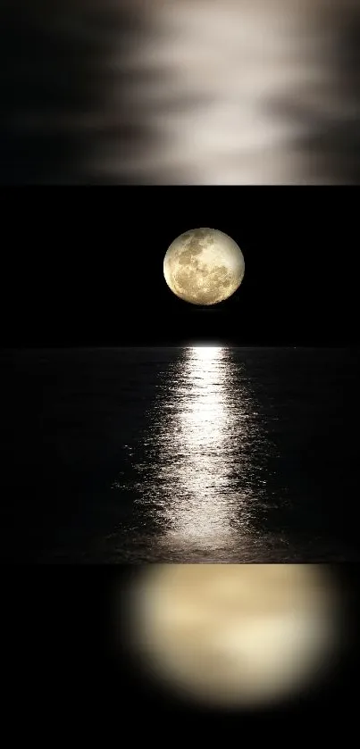 Full moon reflecting on a calm ocean with a dark, serene background.