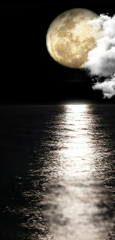 Moonlit ocean with clouds reflecting on water at night.