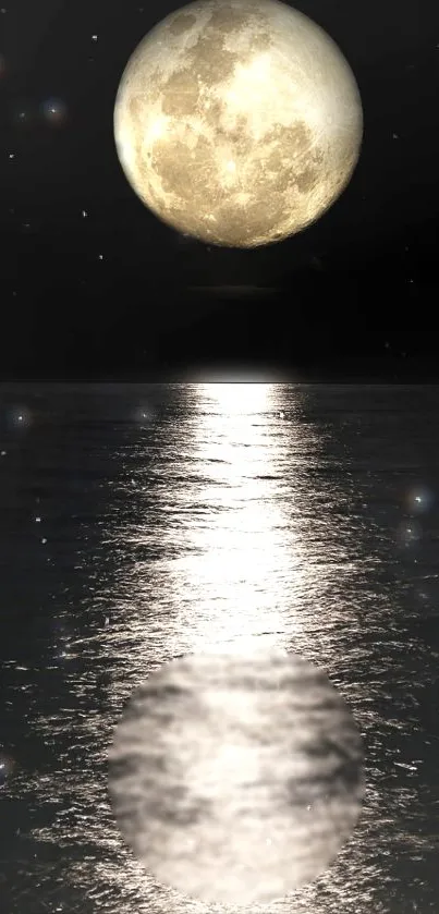 Full moon reflecting on a calm ocean at night.