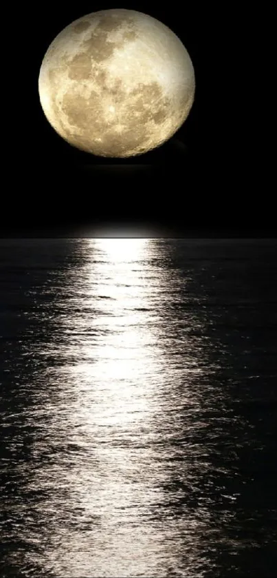 Full moon reflecting on a calm ocean at night.