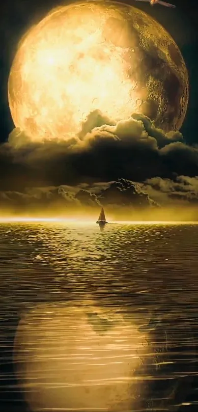 Sailing boat under a golden moon on a tranquil ocean at night.