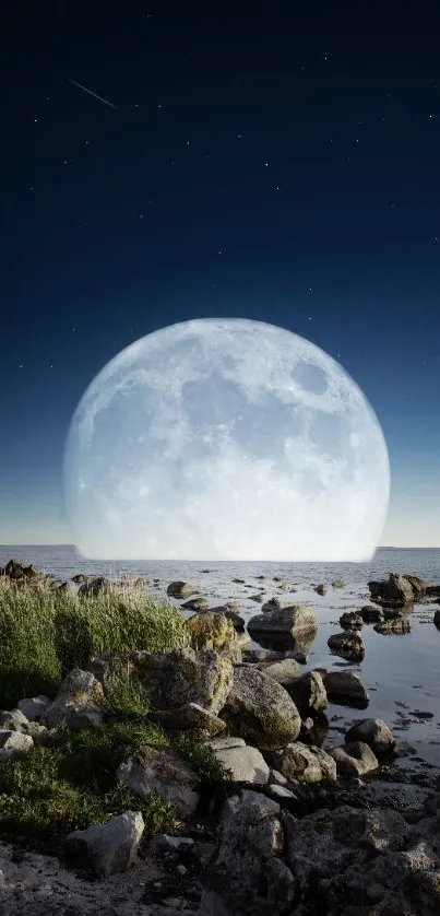 Full moon rising over a tranquil ocean with a starry sky backdrop.