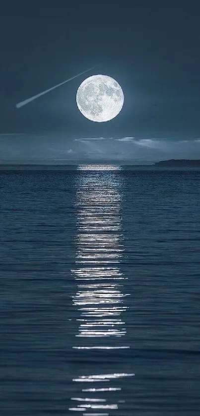 Full moon illuminating a tranquil ocean at night.