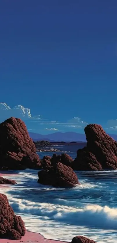 Moonlit ocean view with rocks and night sky.